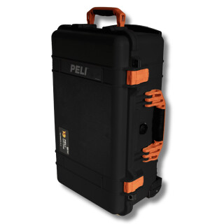 Peli Case 1510, Schwarz mit orangefarbenen Griffen und Verschlüssen