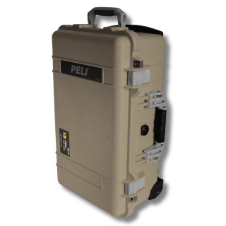 Peli Case 1510, desert tan mit silbernen Verschlüssen und Griffen