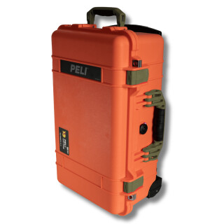 Peli Case 1510, orange med olivengrønne lukninger og håndtag