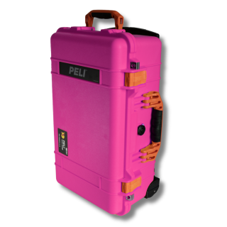 Peli Case 1510, Pink mit orangefarbenen Griffen und Verschlüssen