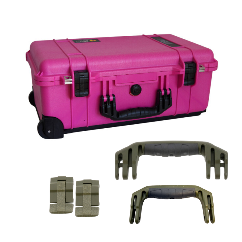 Peli Case 1510, Pink mit olivgrünen Griffen und Verschlüssen